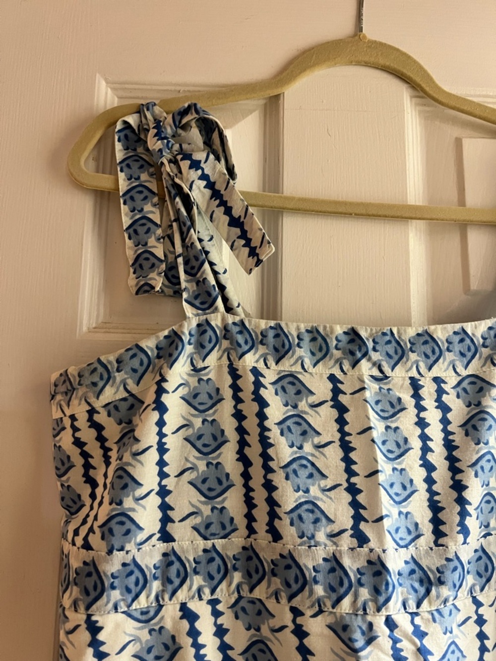 Blue & White Printed Maxi Dress with Tie-Strap